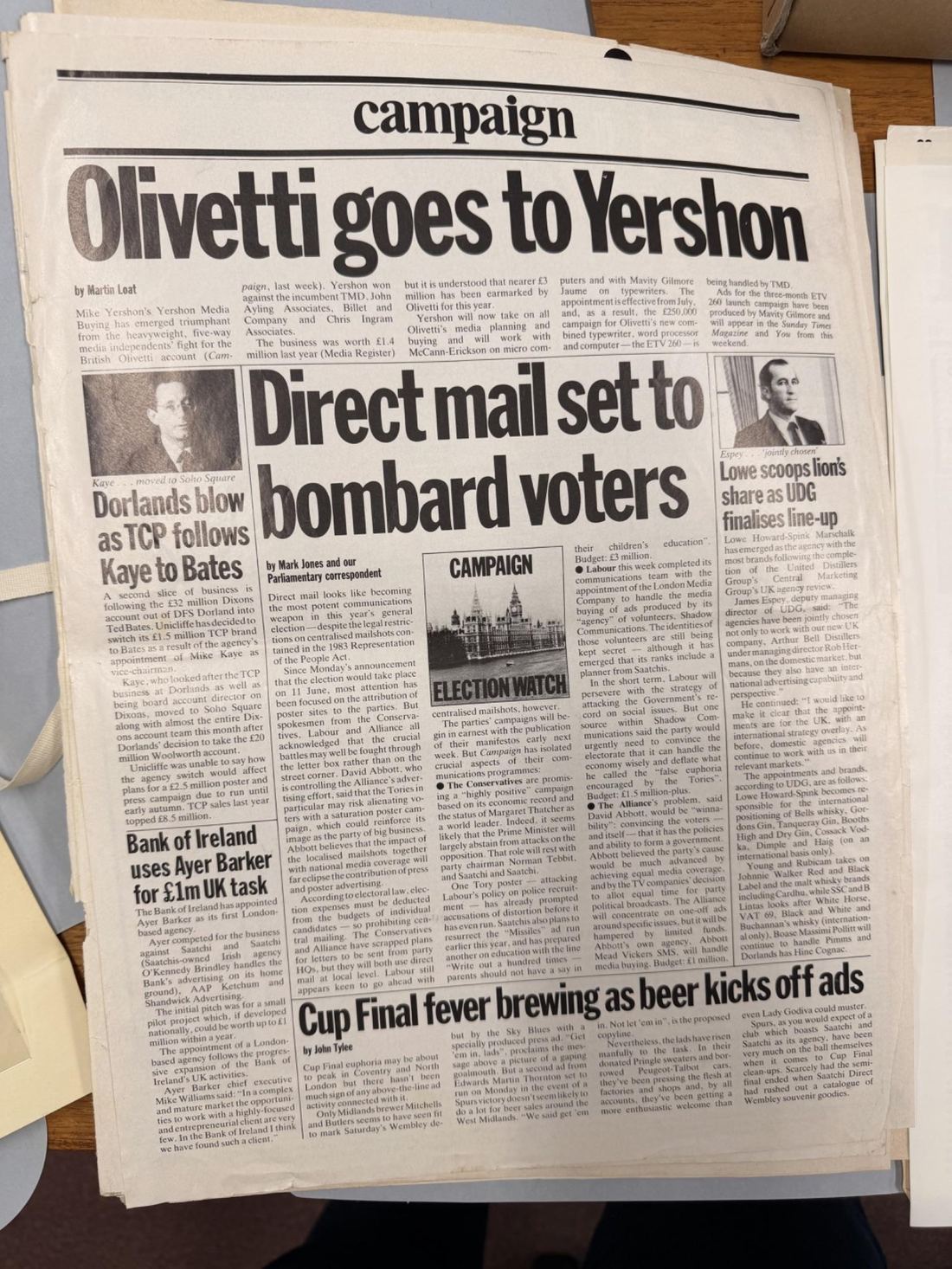 Campaign front page headline: Olivetti goes to Yershon