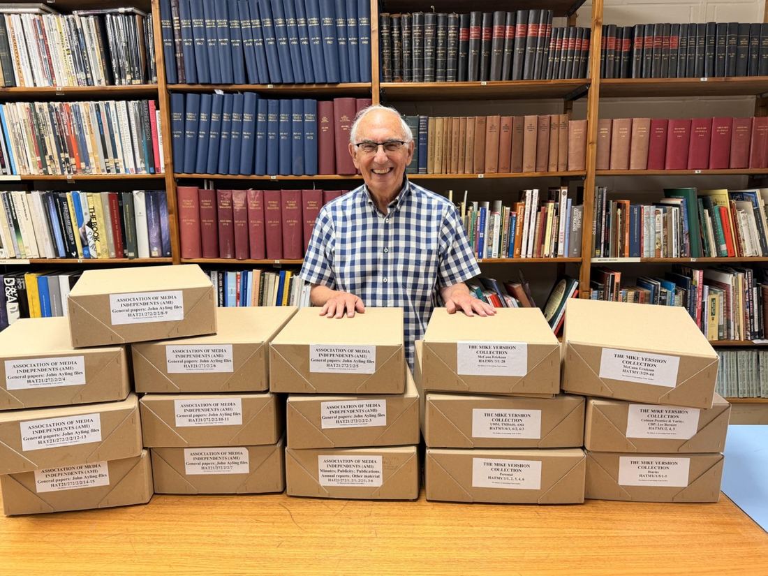 Mike Yershon with his archive boxes at the History of Advertising Trust